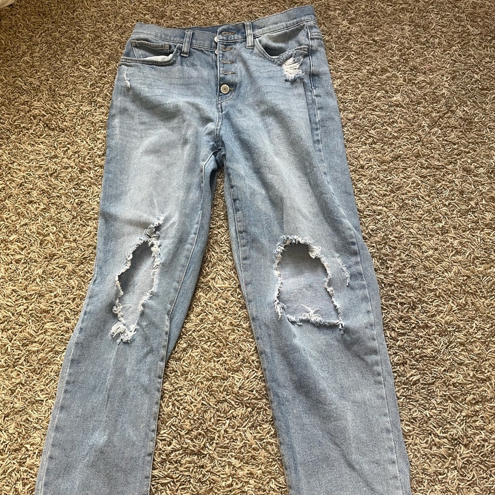 SO Blue Straight Leg Jeans with Distressed Details
